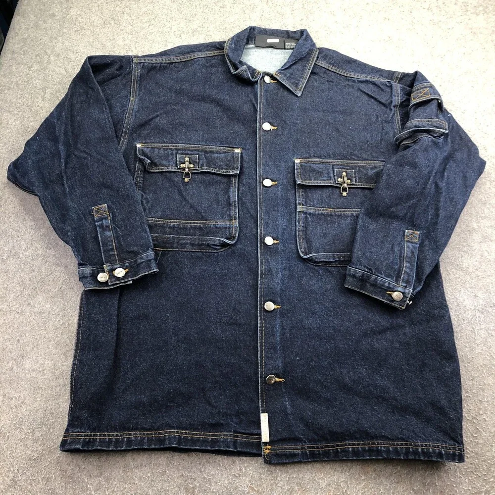 Vintage Trust USA Jacket Mens 2XL Blue Denim Long Button Chore Hong Kong